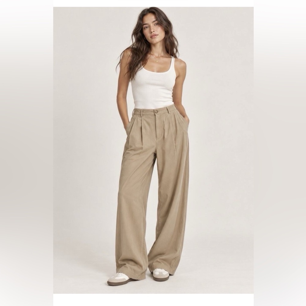 Reformation Wide-Leg Tencel Pleated Pants Camel Tan Sz 4